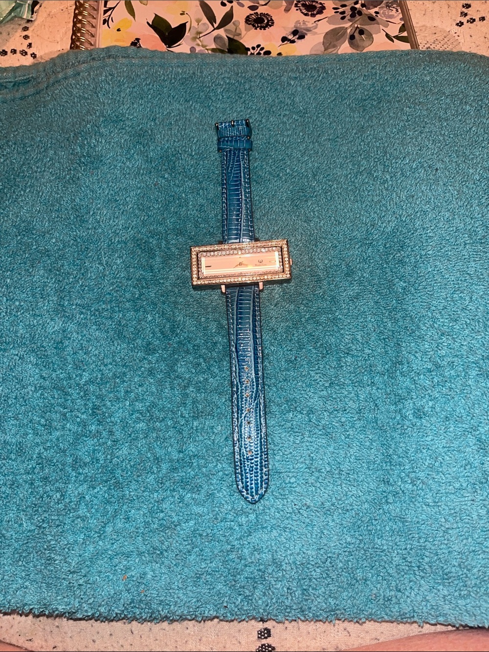 Blue Women's Rectangular Crystal Accent Leather Strap Watch